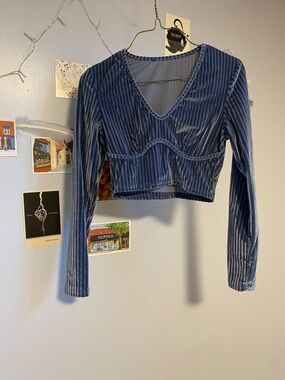 Y2K Velvet Ribbed V-Neck Long Sleeve Crop Top - Slate Blue